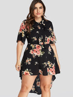 Wholesale Lapel Collar Floral Print Self-Tie Half Sleeve Plus Size Dress