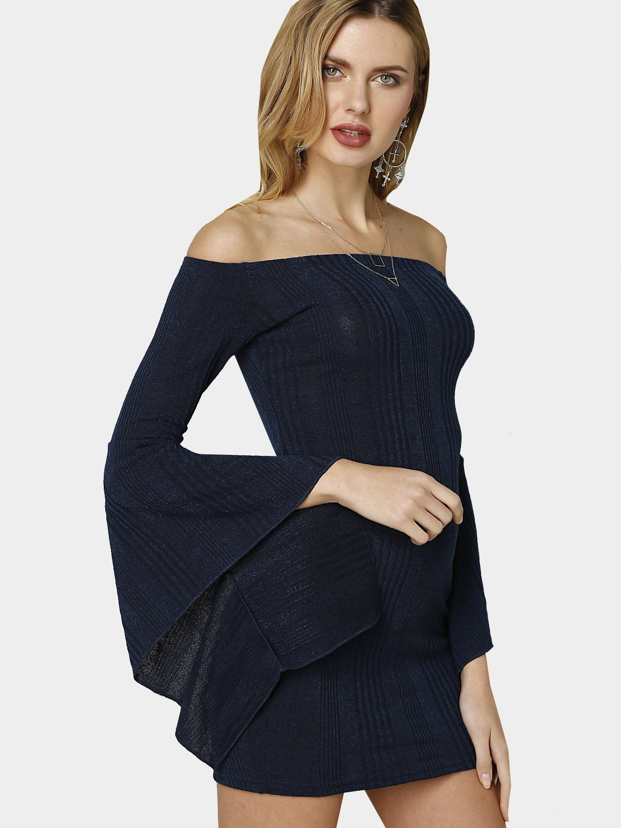 Wholesale Navy Off The Shoulder Long Sleeve Plain Bodycon Hem Dresses