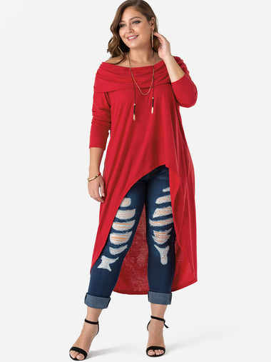 Wholesale Off The Shoulder Plain Backless Long Sleeve Irregular Hem Red Plus Size Tops