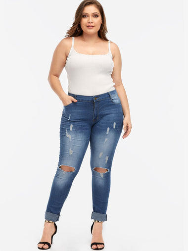 Wholesale Plain Random Ripped Blue Plus Size Bottoms