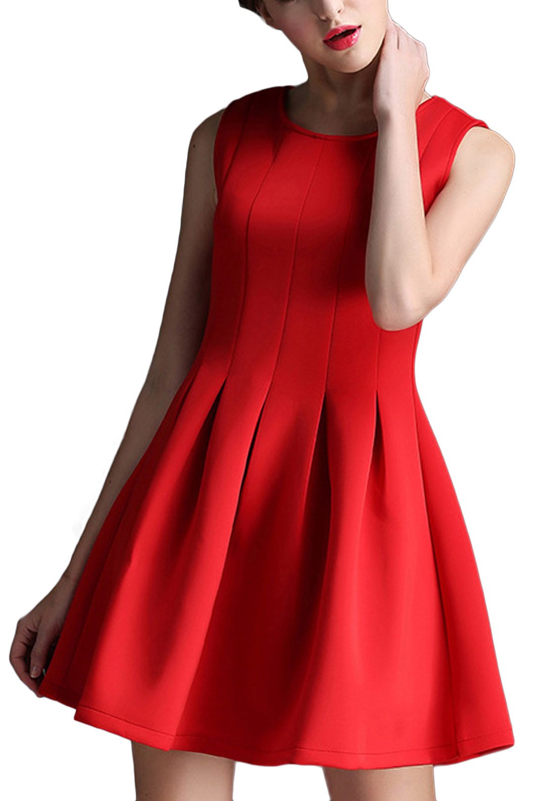 Wholesale Red Round Neck Sleeveless Zip Back Flounced Hem Sexy Dresses