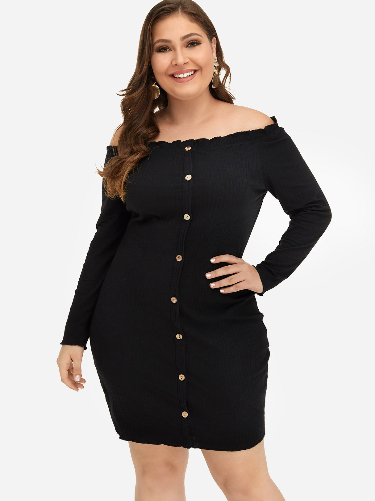 Wholesale Off The Shoulder Plain Long Sleeve Bodycon Black Plus Size Dress