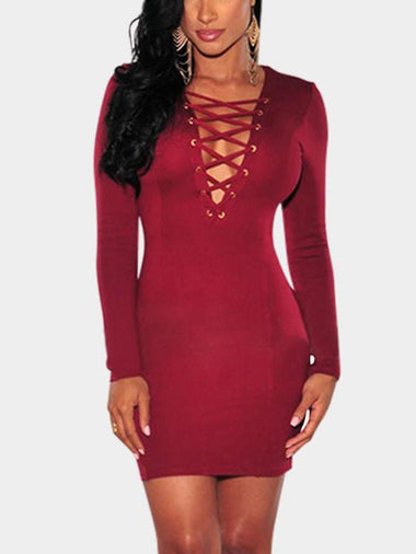 Wholesale Red V-Neck Long Sleeve Plain Bodycon Sexy Dress