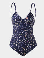 Wholesale Navy V-Neck Sleeveless Floral Print Lace-Up One-Pieces Swimsuits