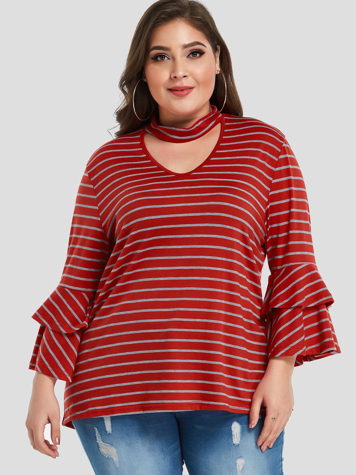 Wholesale V-Neck Stripe Tiered Ruffle Trim Long Sleeve Plus Size Tops