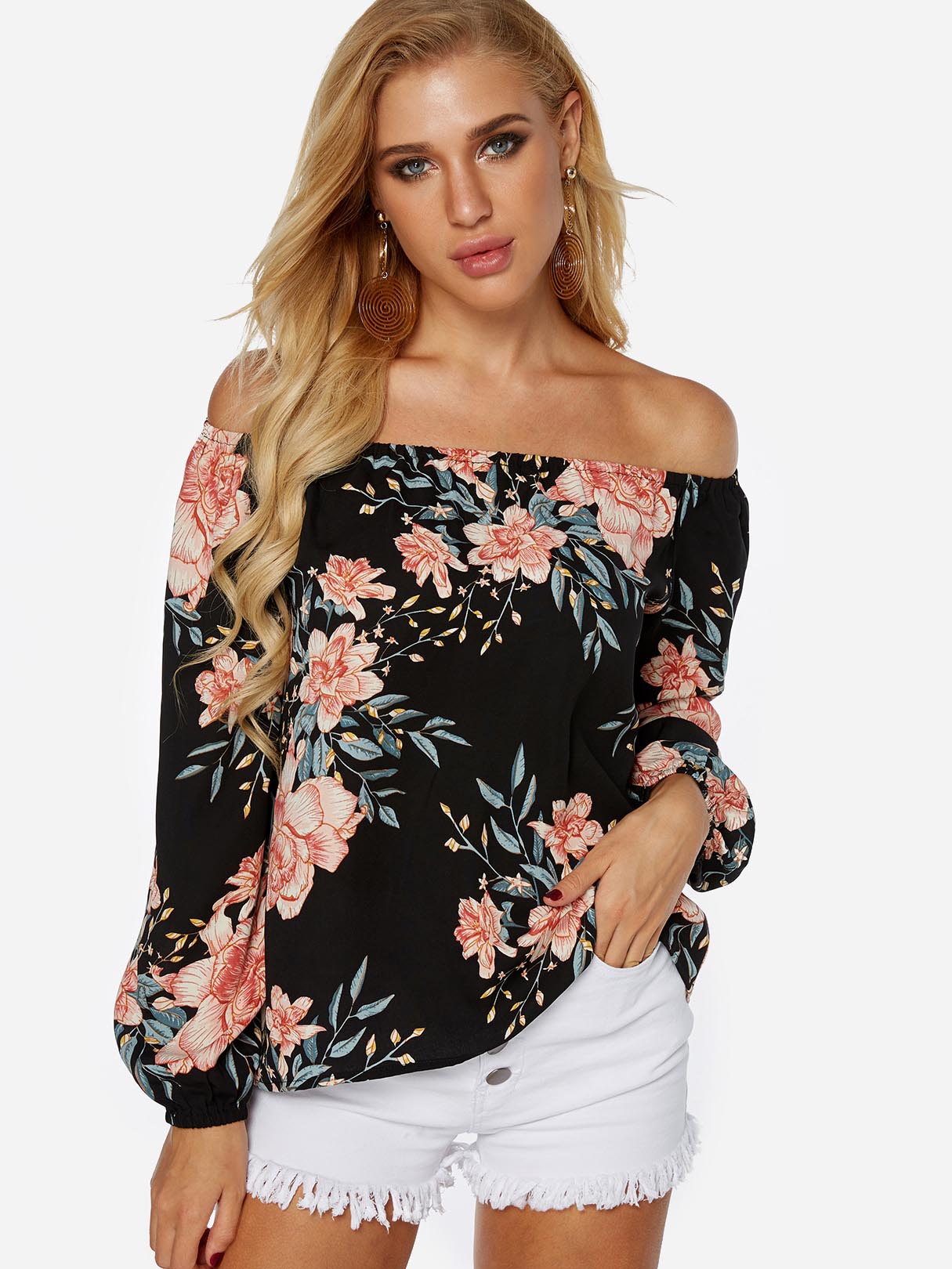 Wholesale Off The Shoulder Floral Print Long Sleeve Black Blouses