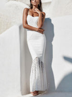 Wholesale White V-Neck Sleeveless Plain Lace Zip Back Backless Spaghetti Strap Flounced Hem Sexy Dresses