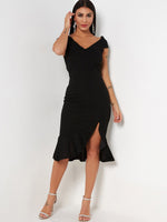 Wholesale Black V-Neck Short Sleeve Slit Hem Dresses