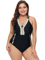 Wholesale V-Neck Backless Hollow Criss-Cross Sleeveless Black Plus Size Swimwear