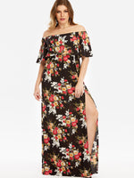 Wholesale Off The Shoulder Floral Print Half Sleeve Slit Hem Black Plus Size Maxi Dress