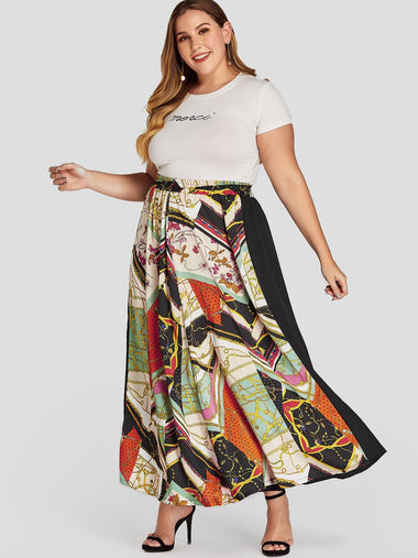 Wholesale Plus Size Scarf Print Stretch Waistband Skirt