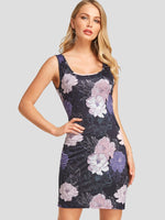 Wholesale Black Round Neck Sleeveless Floral Print Bodycon Dresses