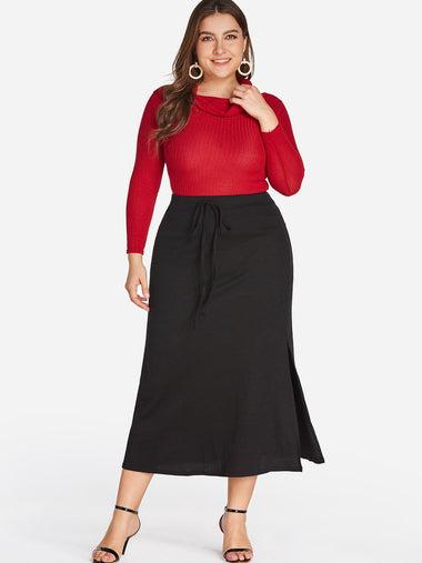 Wholesale Plain Slit Hem Black Plus Size Bottoms