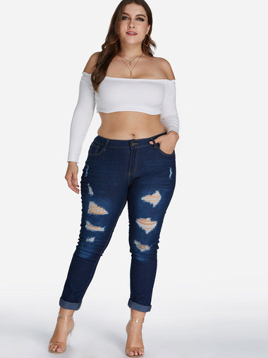 Wholesale Plain Random Ripped Dark Blue Plus Size Bottoms