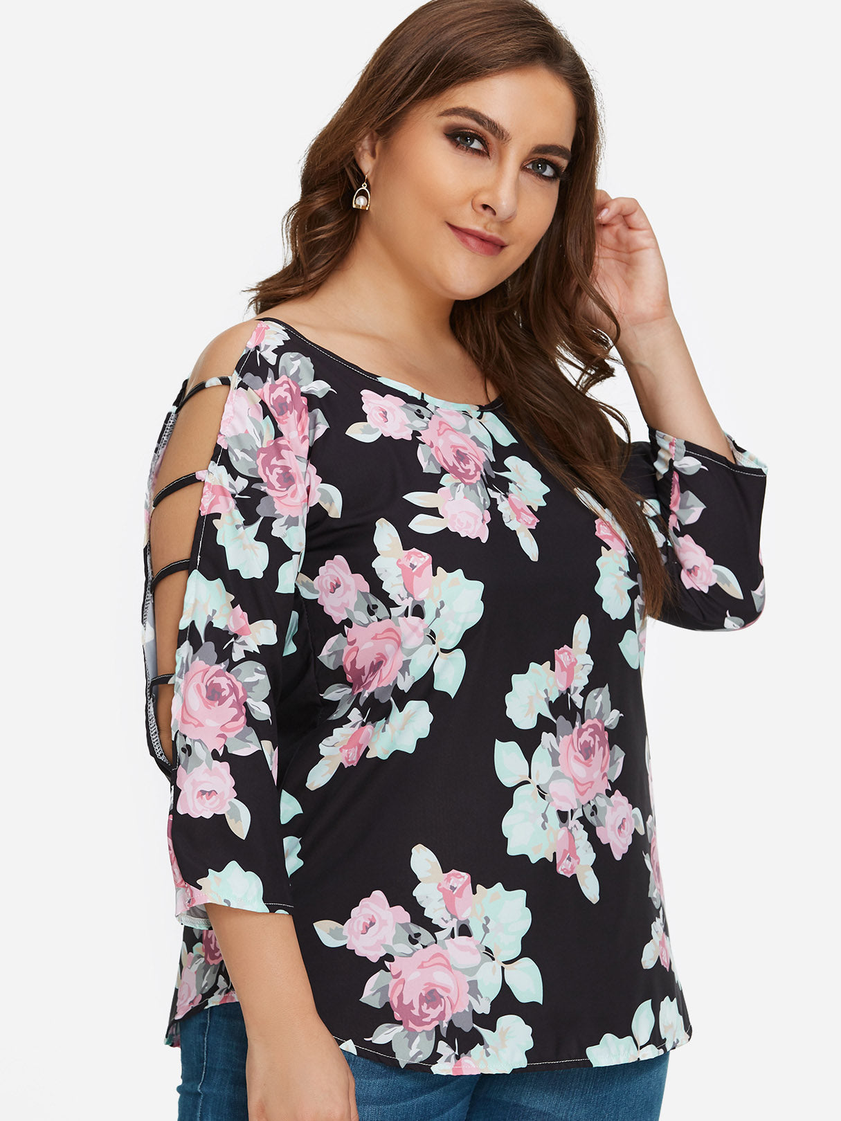 Wholesale Round Neck Floral Print Cut Out 3/4 Sleeve Curved Hem Plus Size Tops