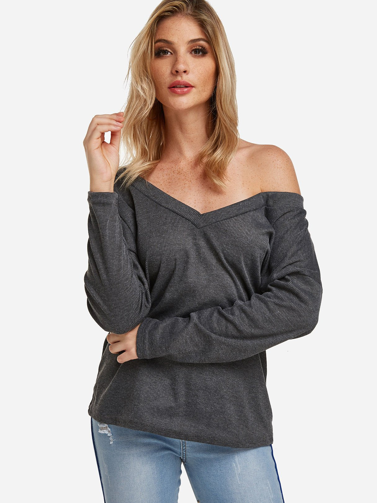 Wholesale V-Neck One Shoulder Plain Long Sleeve Grey T-Shirts