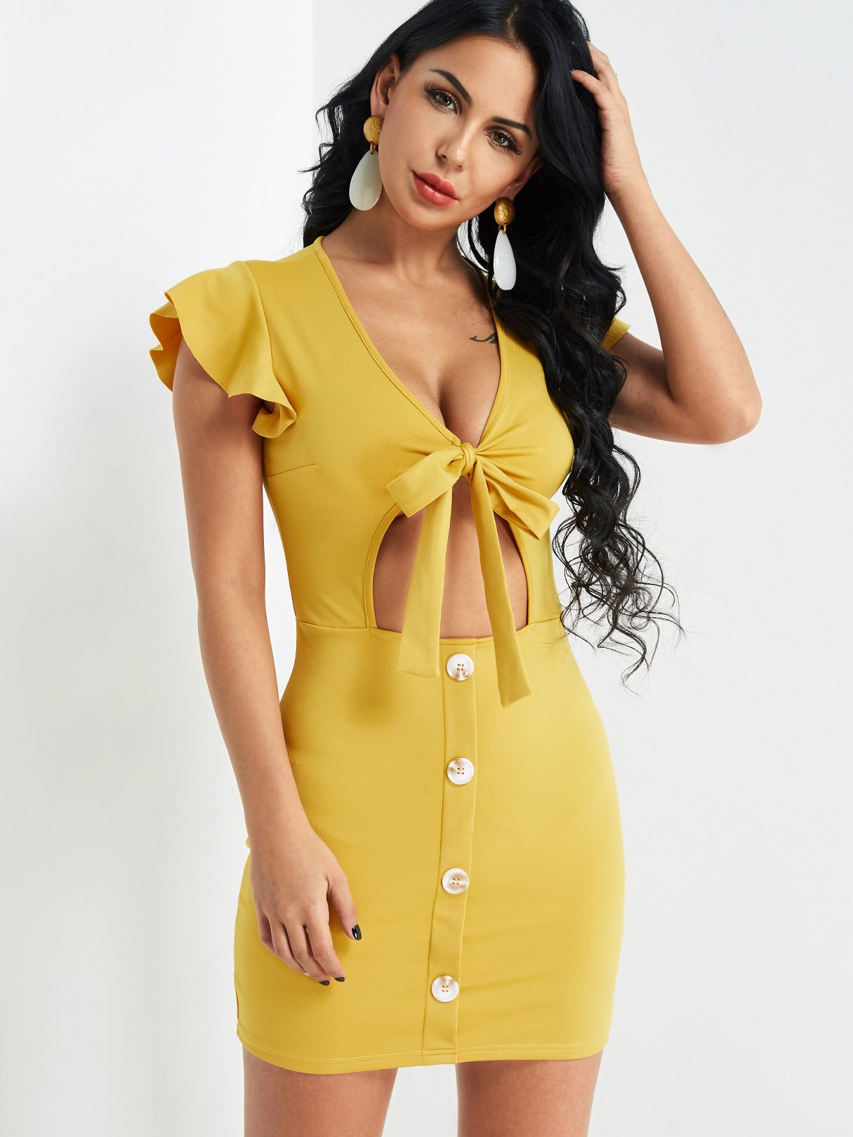 Wholesale Yellow V-Neck Short Sleeve Plain Cut Out Tie-Up Sexy Dresses