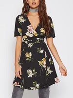 Wholesale Black V-Neck Short Sleeve Floral Print Mini Dresses