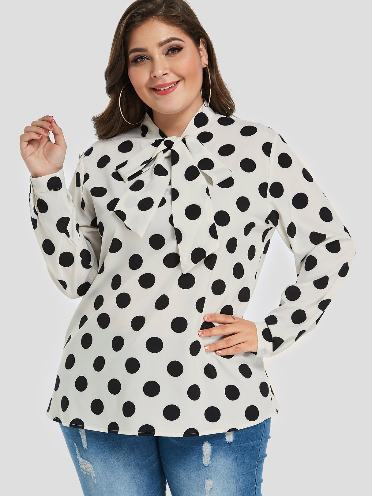 Wholesale Polka Dot Self-Tie Long Sleeve Plus Size Tops