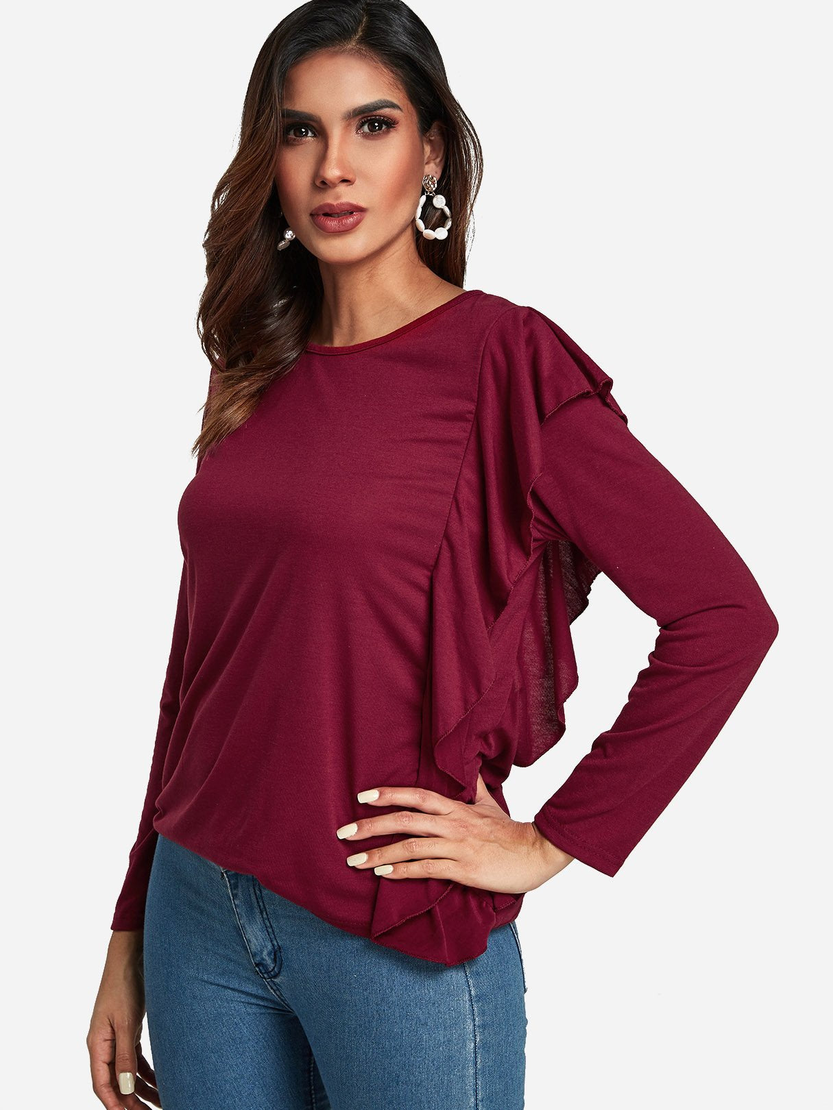 Wholesale Round Neck Long Sleeve Burgundy Top