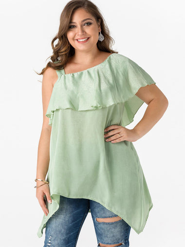 Wholesale One Shoulder Plain Tiered Backless Short Sleeve Irregular Hem Green Plus Size Tops