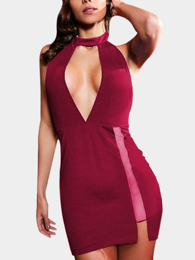 Wholesale Burgundy Halter Sleeveless Backless Cut Out Slit Hem Sexy Dresses