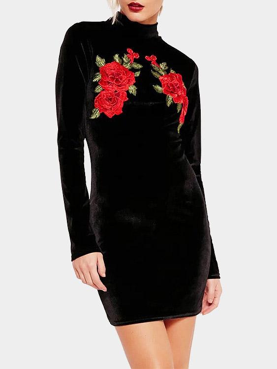 Wholesale Black Perkins Collar Long Sleeve Embroidered Zip Back Dresses