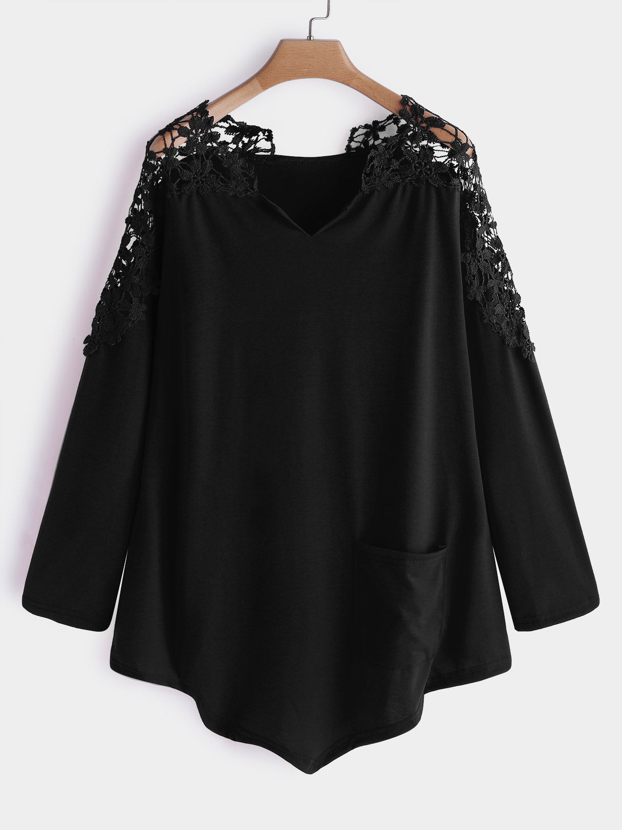 Wholesale V-Neck Plain Lace Hollow Long Sleeve Plus Size Tops