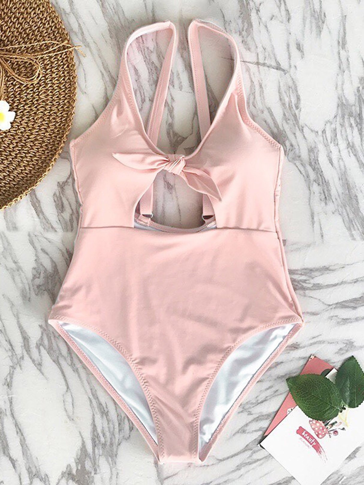 Wholesale Pink Scoop Neck Sleeveless Plain Hollow Spaghetti Strap One-Pieces Swimwears