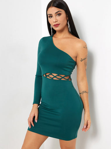 Wholesale Green One Shoulder Long Sleeve Hollow Sexy Dresses