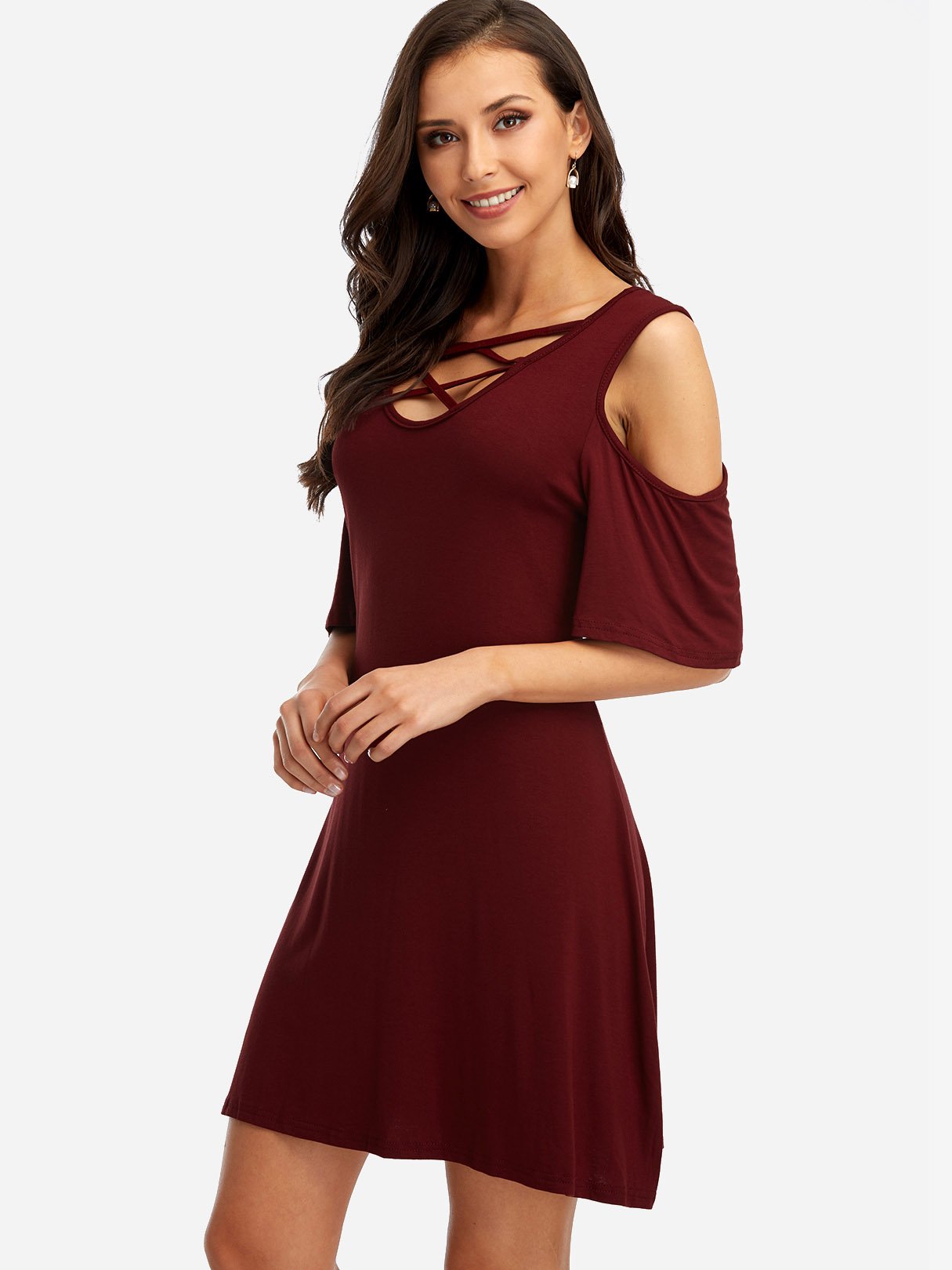 Wholesale V-Neck Cold Shoulder Short Sleeve Burgundy Mini Dress