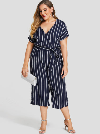 Wholesale V-Neck Stripe Self-Tie Short Sleeve Navy Plus Size Bottoms