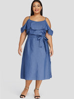 Wholesale Cold Shoulder Spaghetti Strap Self-Tie Ruffle Trim Short Sleeve Blue Plus Size Dress