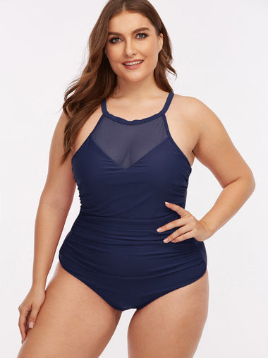 Wholesale Halter Backless See Through Sleeveless Blue Plus Size Swimwear