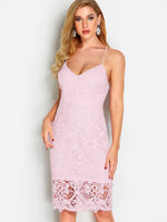 Wholesale Deep V Neck Lace Backless Sleeveless Pink Sexy Dresses