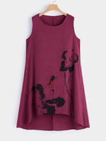 Wholesale Round Neck Floral Print Sleeveless High-Low Hem Burgundy Plus Size Dress