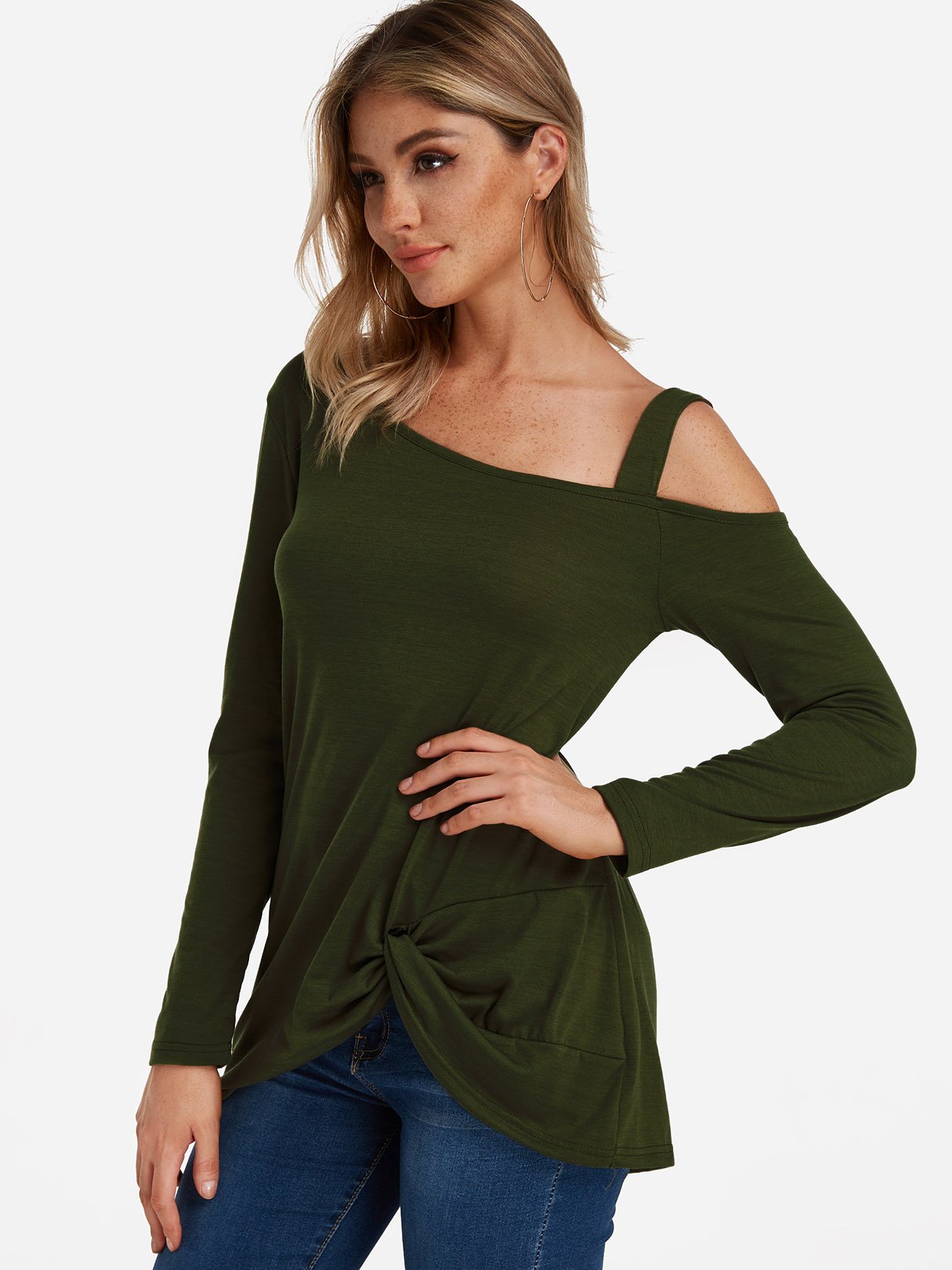 Wholesale One Shoulder Pleated Long Sleeve Ruffle Hem Army Green T-Shirts
