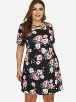 Wholesale Round Neck Floral Print Short Sleeve Black Plus Size Mini Dresses