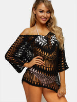 Wholesale Black Scoop Neck Long Sleeve Plain Crochet Lace Embellished Hollow Beach Dresses