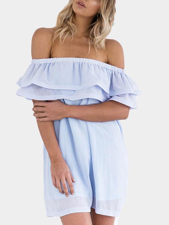 Wholesale Blue Off The Shoulder Short Sleeve Tiered Backless Sexy Dress