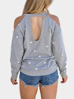 Wholesale Grey Round Neck Cold Shoulder Long Sleeve Star Backless Cut Out Sweatshirts