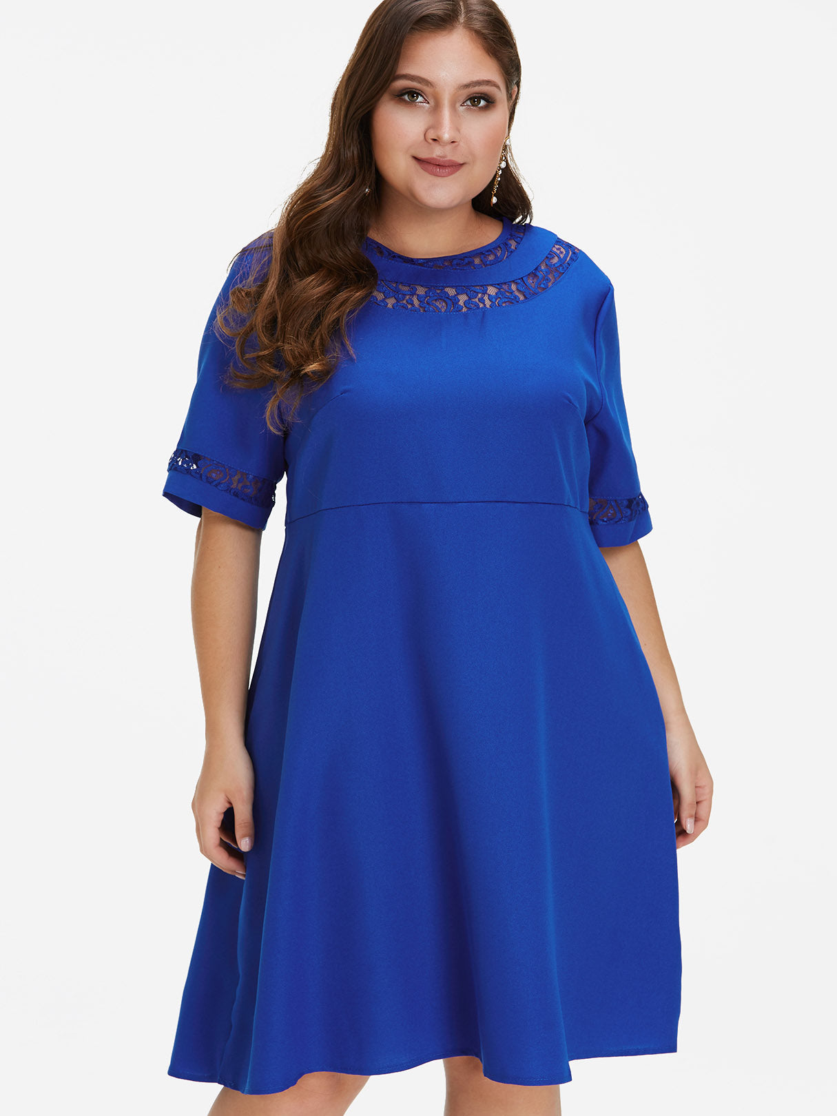 Wholesale Round Neck Plain Lace Half Sleeve Blue Plus Size Dress