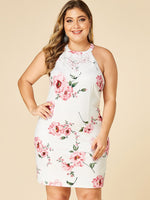 Wholesale Halter Floral Print Lace Backless Sleeveless White Plus Size Dress