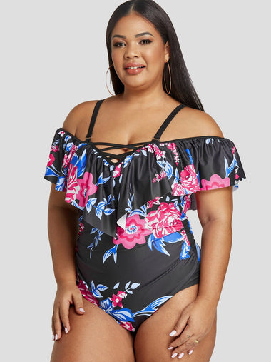 Wholesale V-Neck Off The Shoulder Floral Print Lace-Up Spaghetti Strap Black Plus Size Swimwear