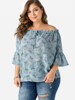 Wholesale Off The Shoulder Floral Print Calico Lace-Up Half Sleeve Plus Size Tops