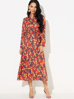 Wholesale Classic Collar Long Sleeve Floral Print Side Pockets Self-Tie Dresses