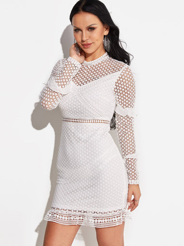 Wholesale White Long Sleeve Lace Zip Back Hollow Flounced Hem Sexy Dresses