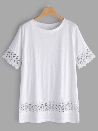 Wholesale Round Neck Plain Lace Hollow Short Sleeve Stitching Hem Plus Size Tops