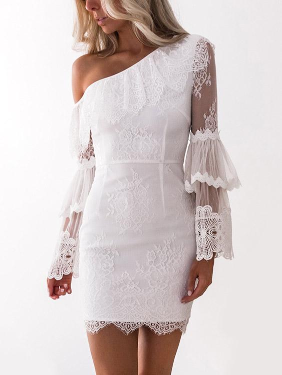 Wholesale White Asymmetrical One Shoulder Lace Zip Back Bodycon Sexy Dress