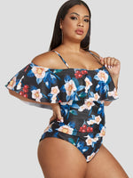 Wholesale One Shoulder Floral Print Half Sleeve Black Plus Size Swimwear